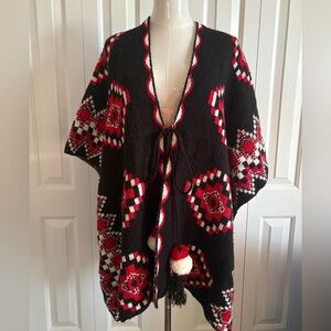 RELATIVITY, Black and Red Knit Patterned Poncho, One Size